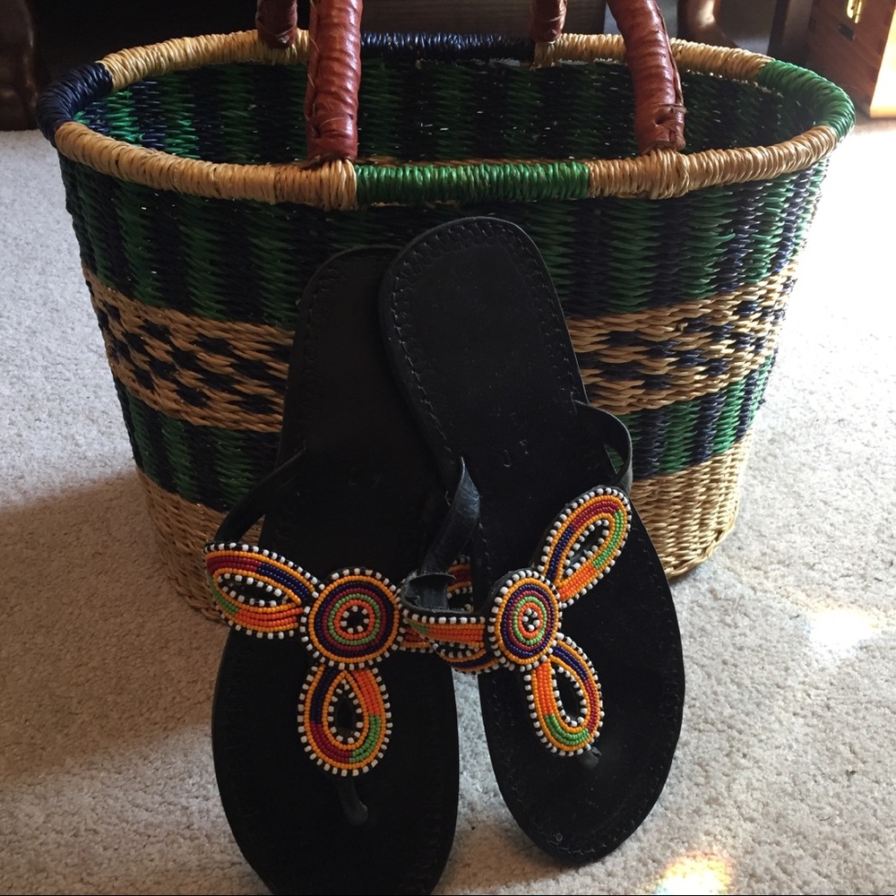 African handmade sandals with glass beads, gently worn